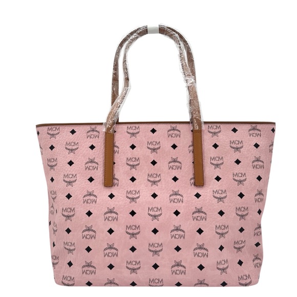 MCM New With Tags Anya Top Zip Shopper Soft Pink Black Logo Canvas/ Leather Tote - Picture 3 of 13
